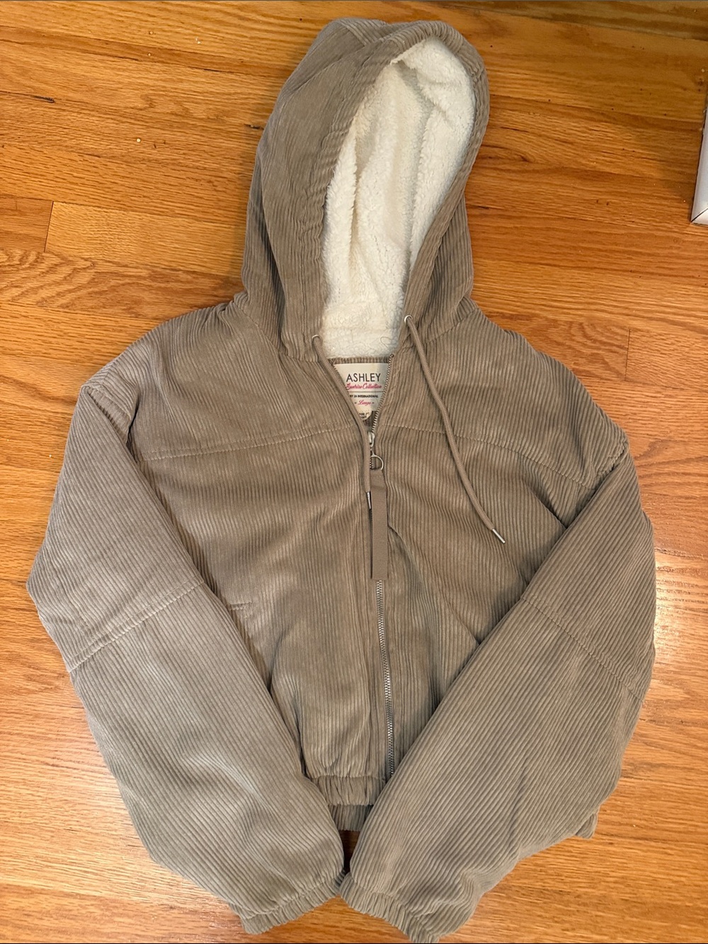 Ashley By 26 International Taupe Corduroy Hooded Bomber Jacket